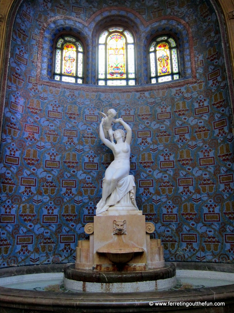 Fountain, porcelain mosaics, and stained glass windows in Gellert Baths, Budapest