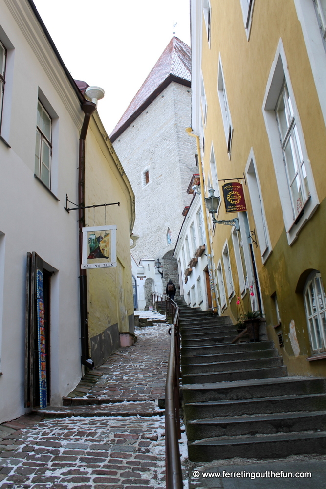 A snowy alleyway in Tallinn, Estonia