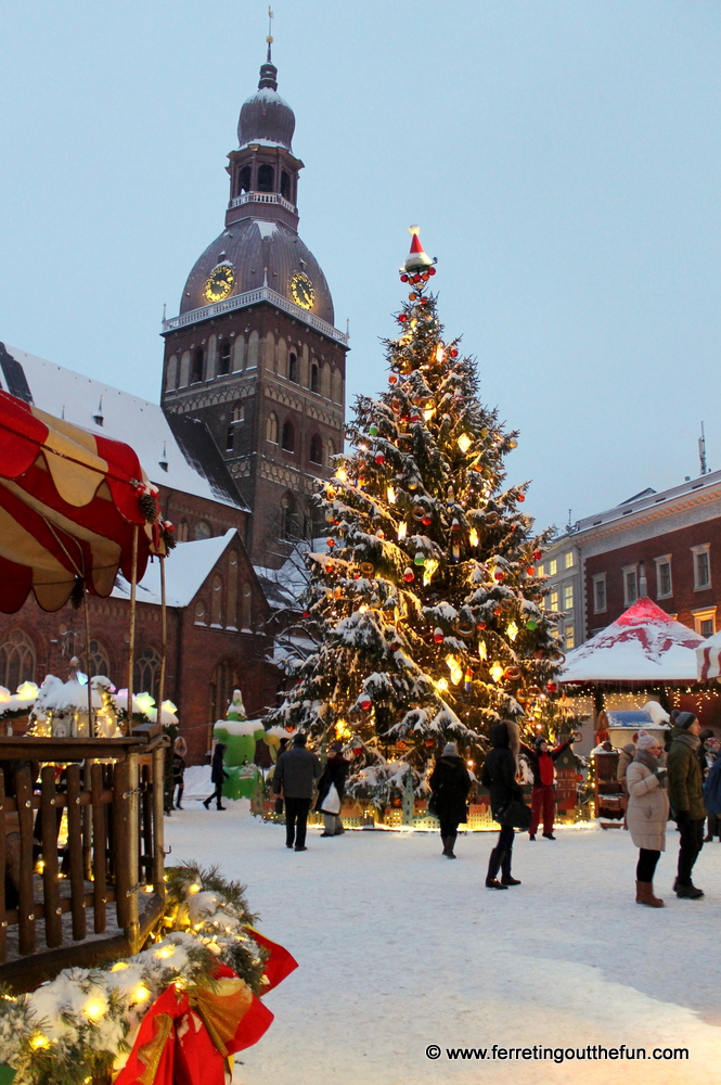 A snowy Christmas market in Riga, Latvia