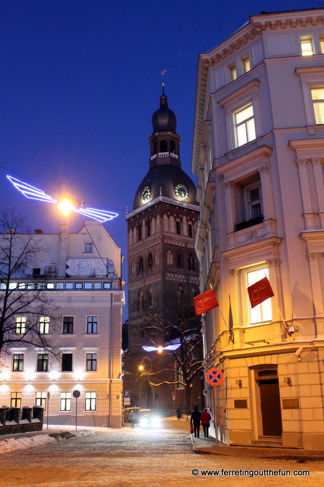 Christmas lights brighten the winter streets of Riga, Latvia.