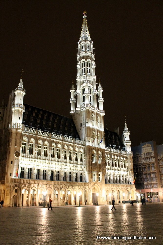 The Gothic Town Hall towers over the Grand Place in Brussels, Belgium
