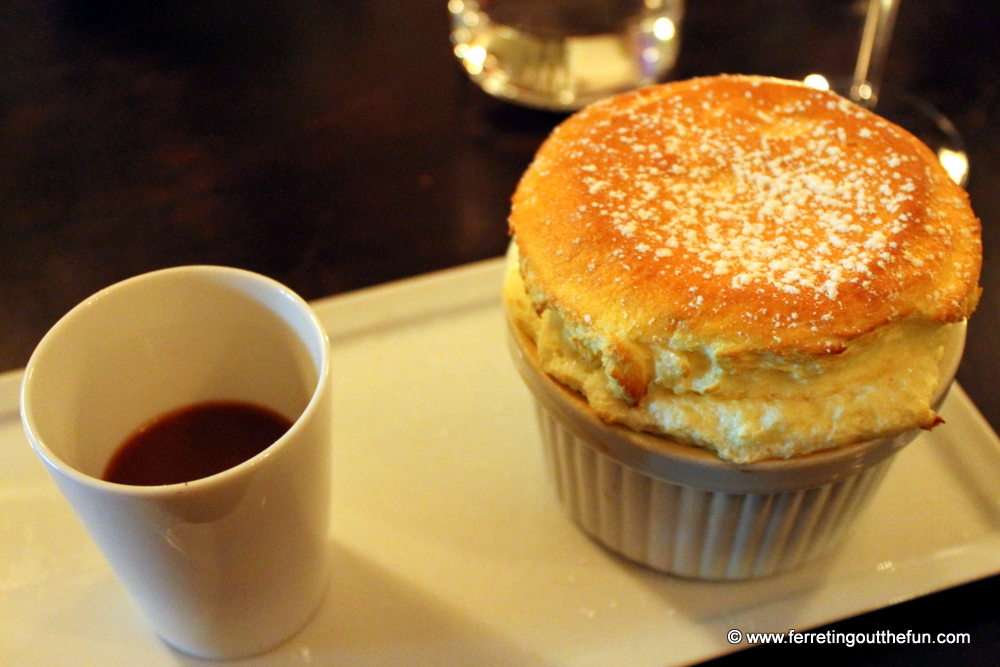 Grand Marnier souffle with salted butter caramel sauce