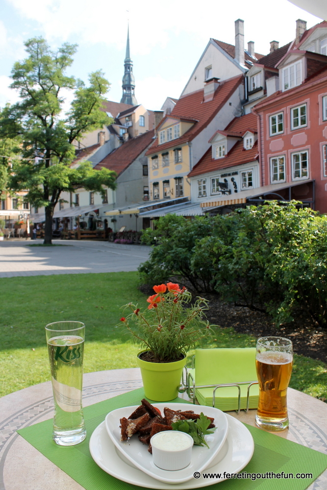 Enjoying summer in Riga, Latvia with pear cider and fried garlic bread