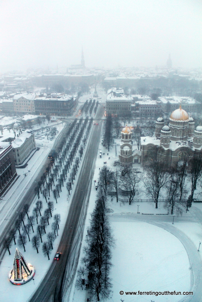 View of Riga, Latvia during a snowstorm