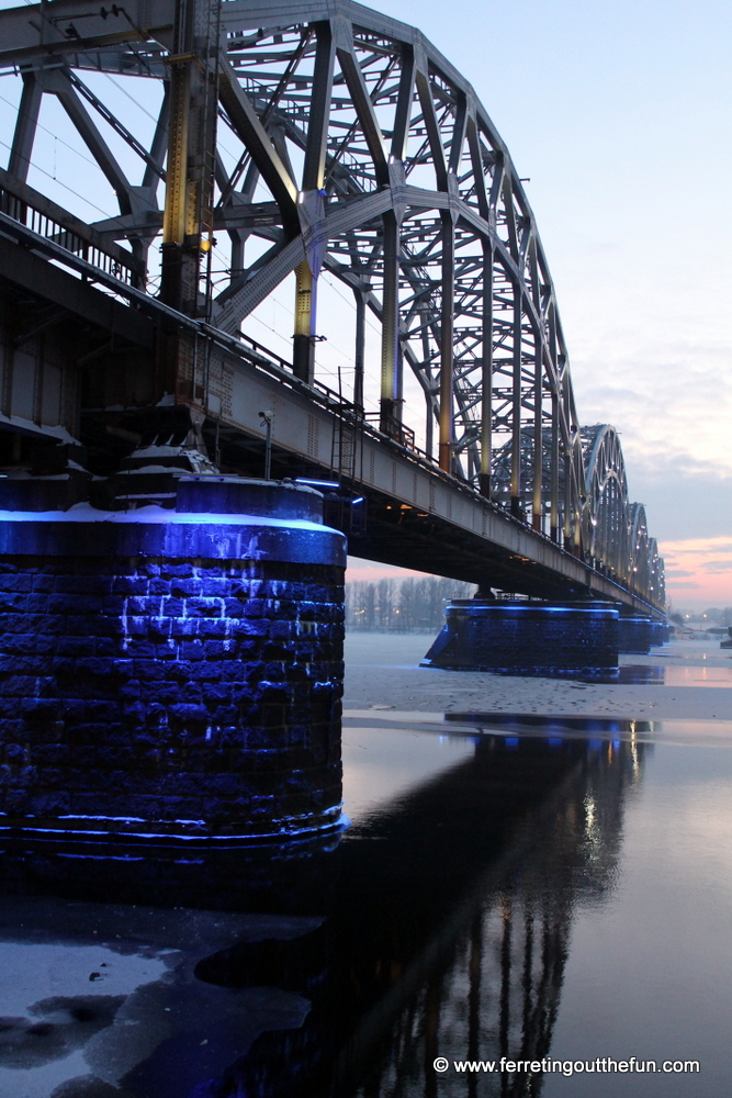 Riga railway bridge on a winter evening