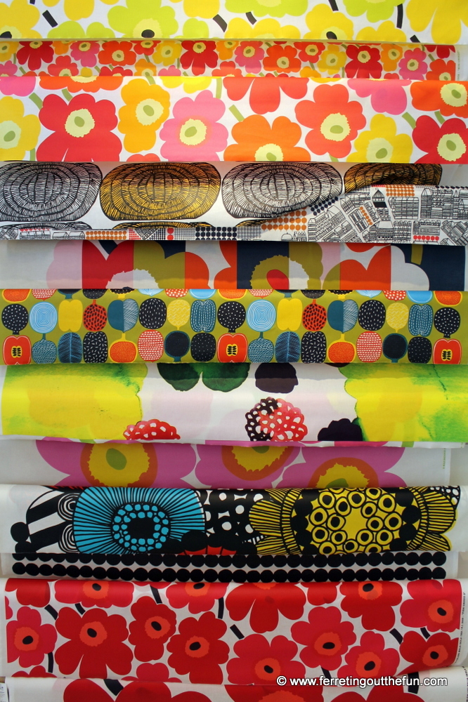 Colorful Marimekko fabrics for sale at the flagship store in Helsinki, Finland