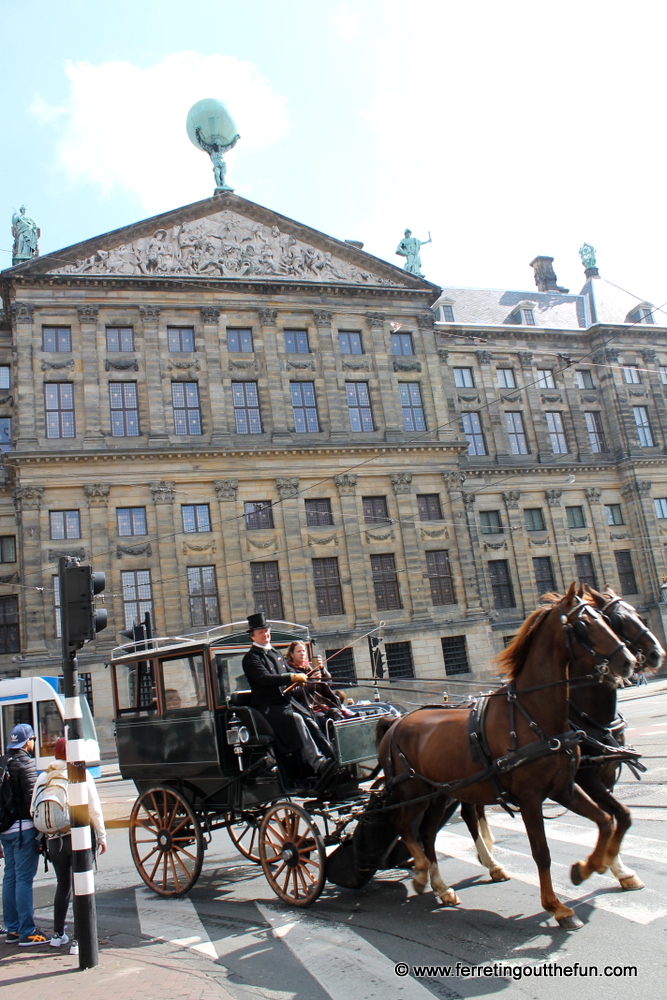 A carriage waits outside the Dutch Royal Palace in Amsterdam