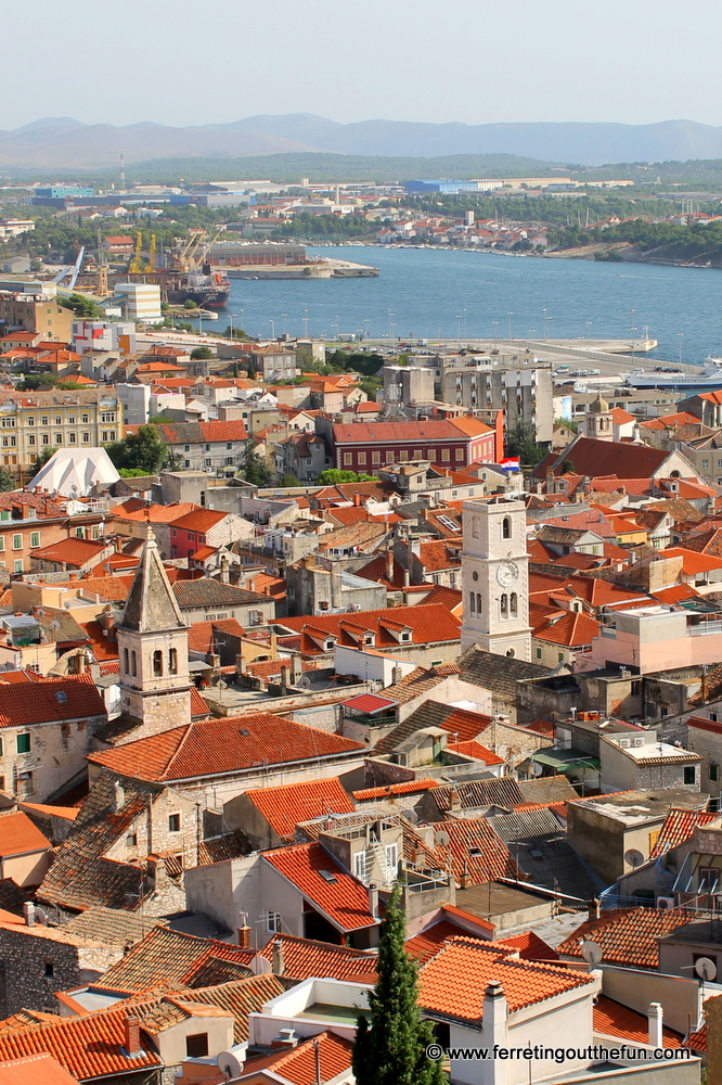 Looking over the red rooftops of Sibenik, Croatia towards the Adriatic Sea