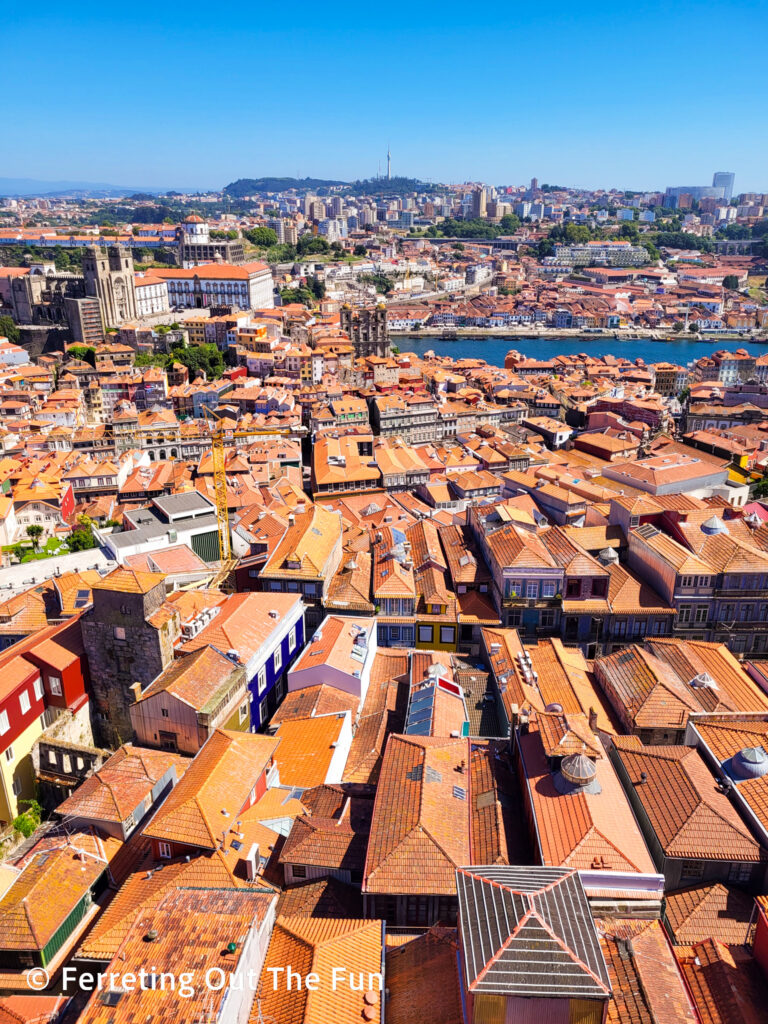 Birdseye view of the terracotta rooftops of Porto from Clerigos Tower