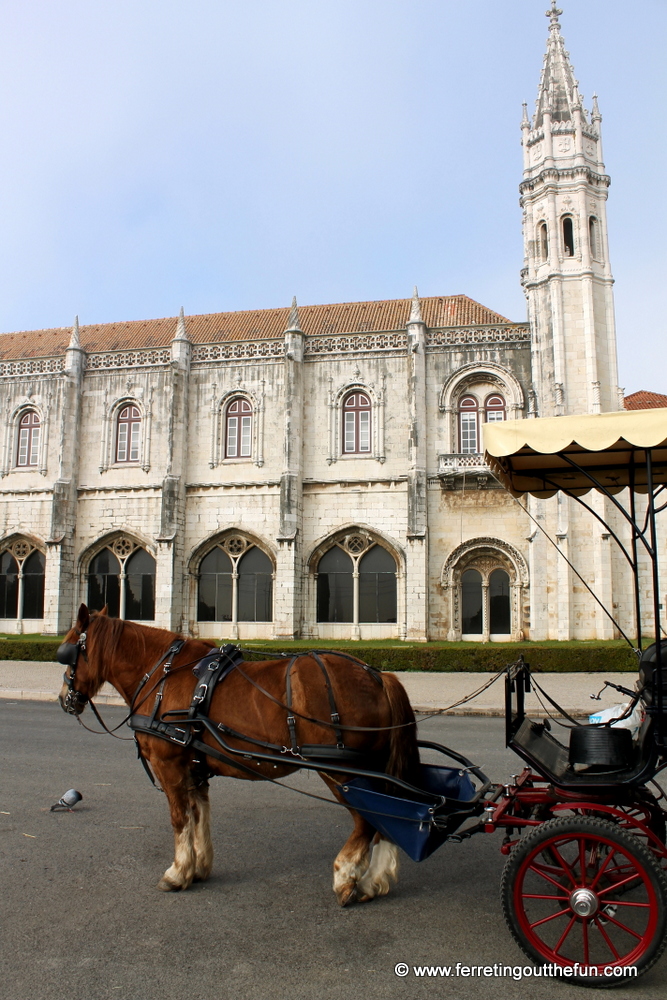 A horse and buggy await customers outside Jeronimos Monastery in Lisbon, Portugal.