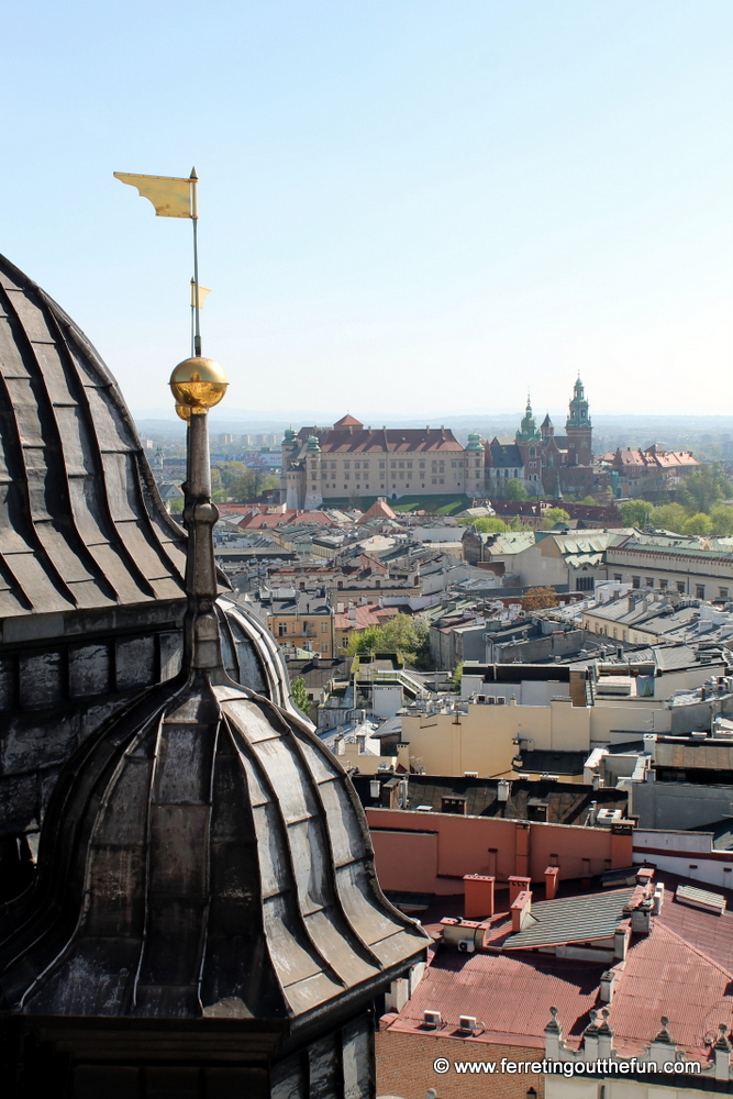 View of Old Krakow and Wawel Castle from the top of St Mary's Basilica spire