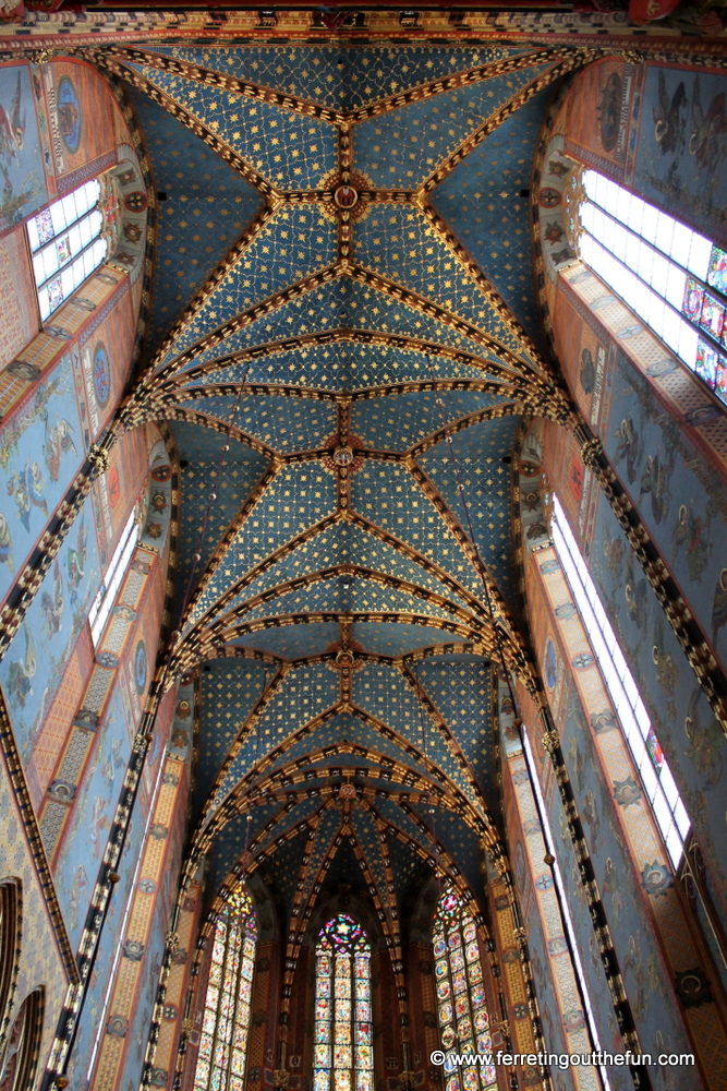 Beautiful star painted ceiling of St Marys Basilica in Krakow, Poland
