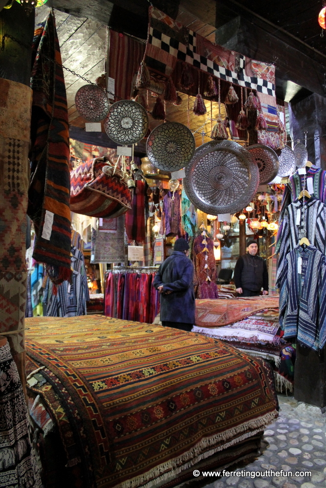 A souvenir shop selling Persian carpets and copper plates in old town Sarajevo, Bosnia and Herzegovina