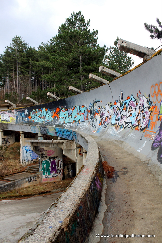 The bobsled track of the 1984 Sarajevo Winter Olympics, destroyed by the Bosnian War and covered in graffiti