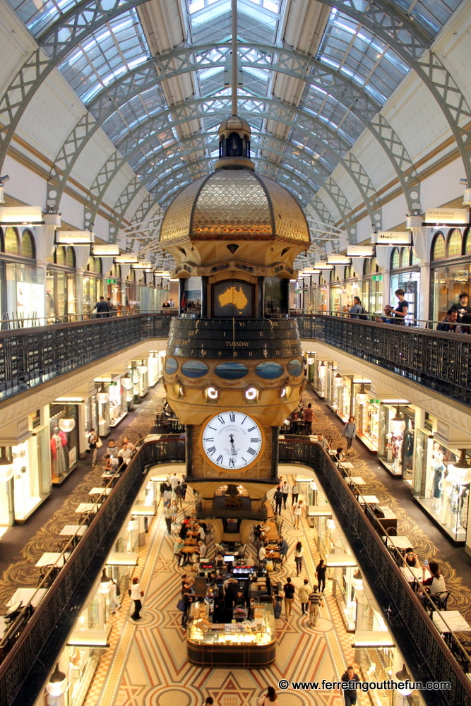 Hanging clock inside the Queen Victoria Building in Sydney, Australia