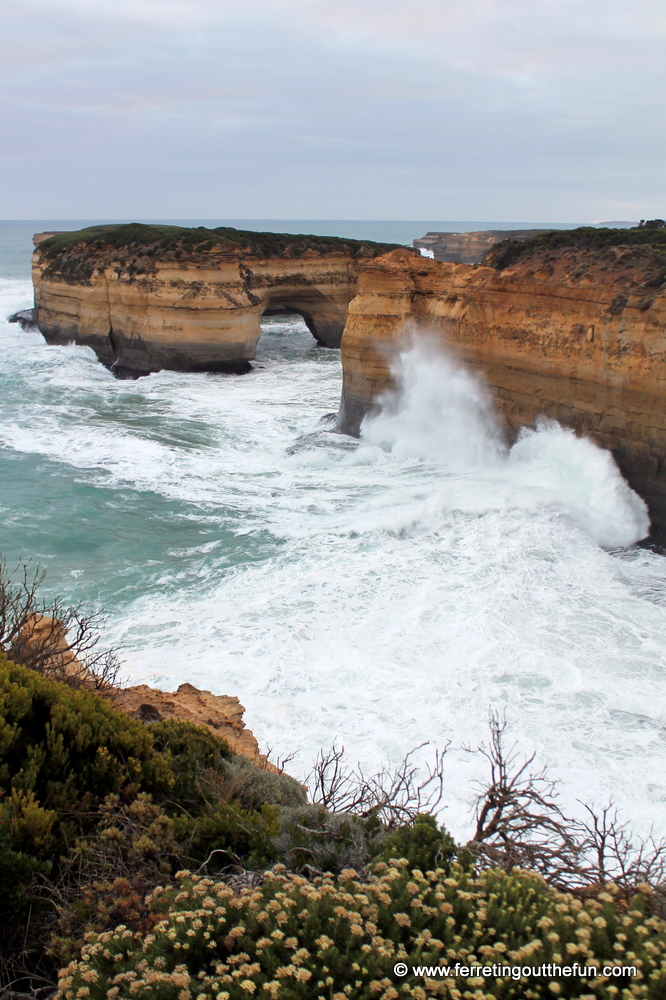 Waves crash at Loch Ard Gorge along the Great Ocean Road in Australia