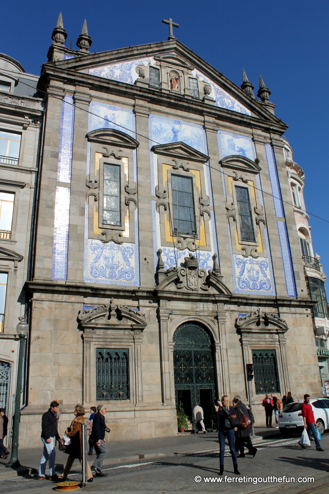 Blue and white azulejo tiles adorn a church in Porto, Portugal
