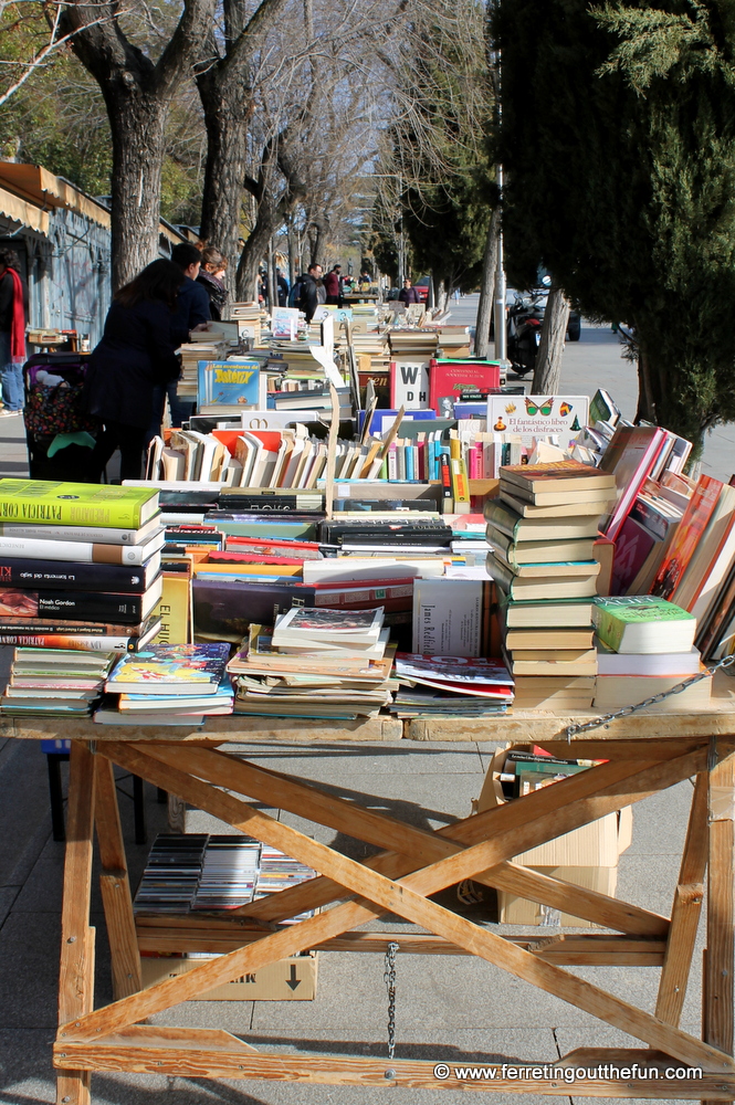 Browsing stacks of used books at a street fair in Madrid, Spain