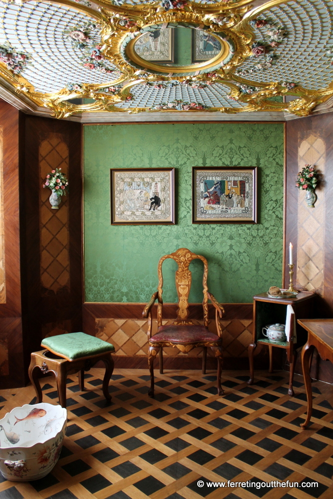 Lavish bathroom with gold and mirrored ceiling inside Rundale Palace, Latvia