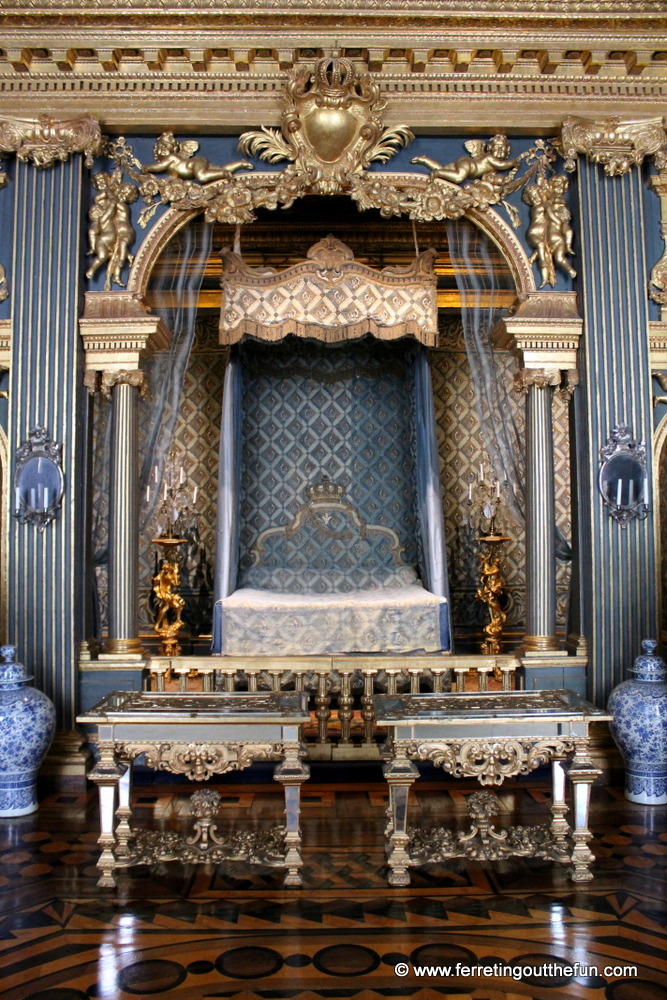 Drottiningholm Palace interior, the queen's bedchamber, gold and blue baroque design
