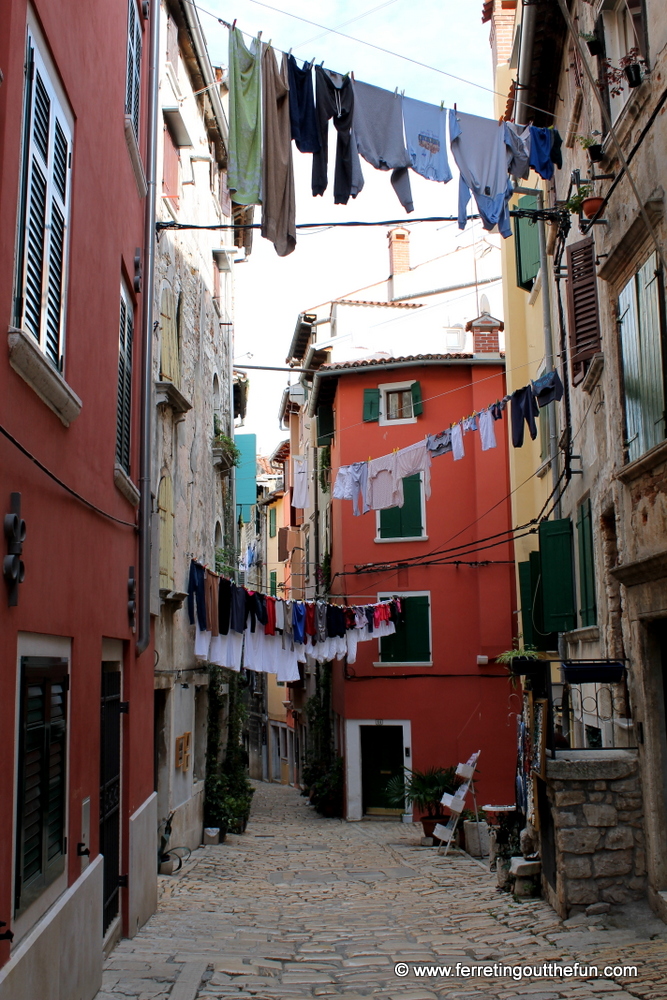 A colorful cobblestone alley in Rovinj, Croatia