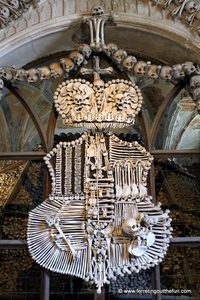 Macabre skeleton decor in the Kutna Hora bone church, Czech Republic