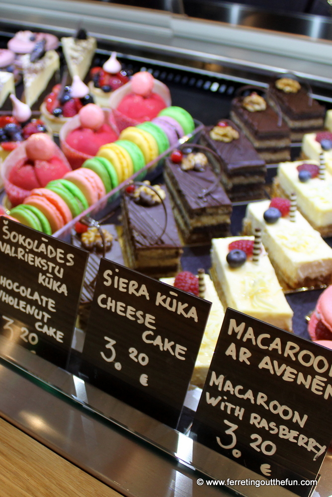 A case full of pretty confections at BakeBerry, one of the best bakeries in Riga
