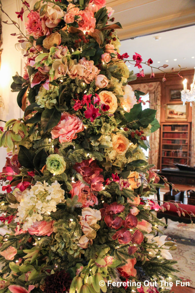 A Christmas tree decorated with live orchids at Hillwood Estate in Washington, DC