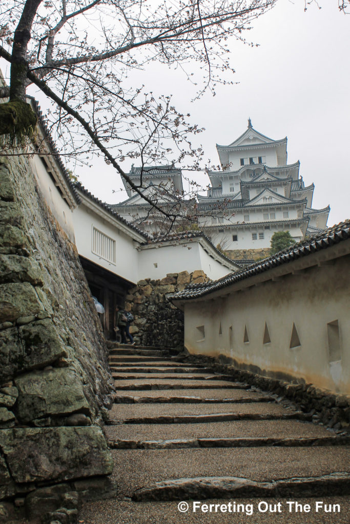 Stairs leading up to Himeji Castle in Japan - invaders would have fought their way up these stairs when trying to take the castle during battle