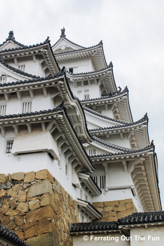 Traditional Japanese architecture on an original wooden castle, Himeji