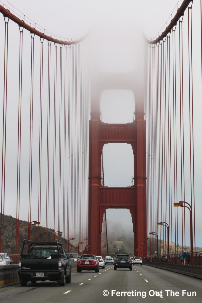 Driving across the Golden Gate Bridge from San Francisco to Sausalito, California