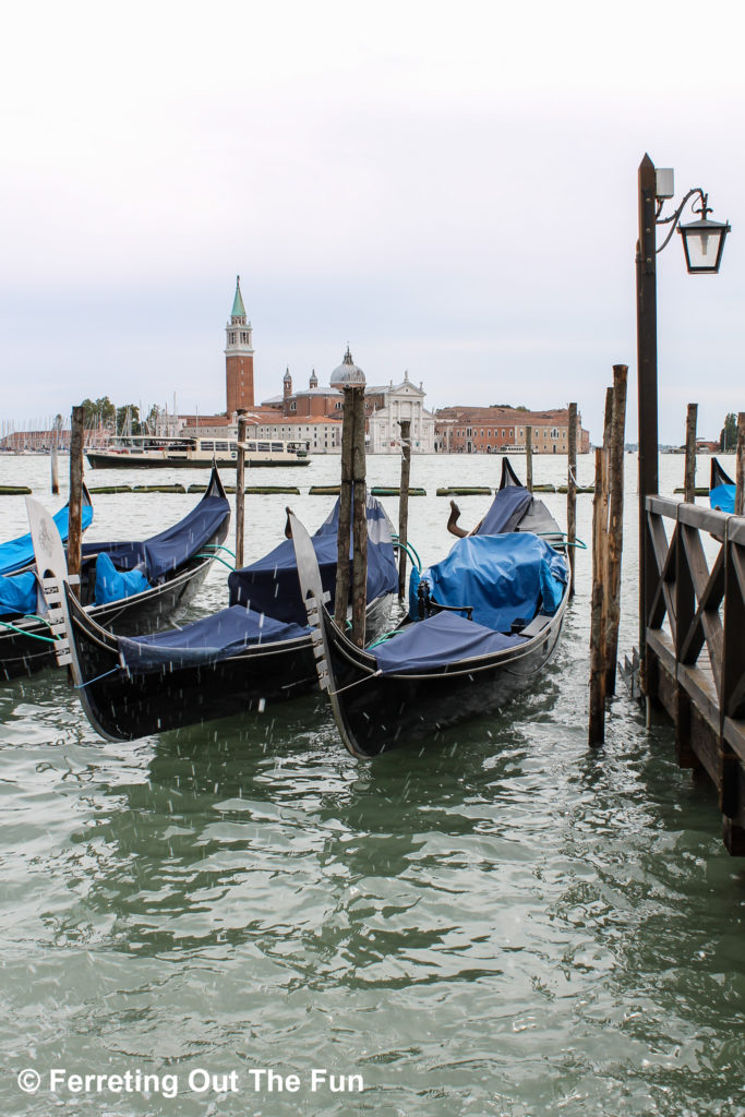 Gondolas wait for passengers in Venice, Italy