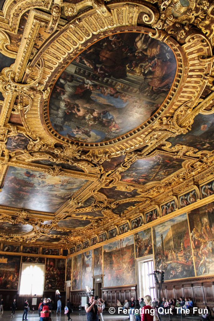 Gold ceilings and masterpieces by Titian and Tintoretto adorn the interior of the Doge's Palace in Venice.