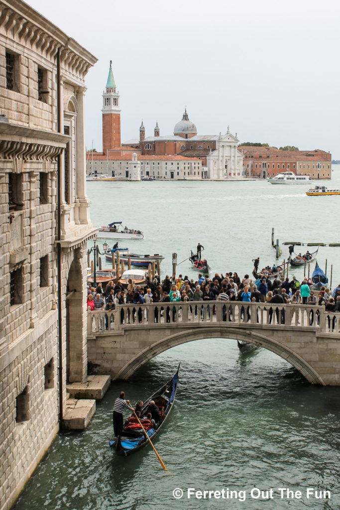 Venice as seen through the windows of the Bridge of Sighs. This is the last view prisoners would see as they crossed the bridge to their prison cell.