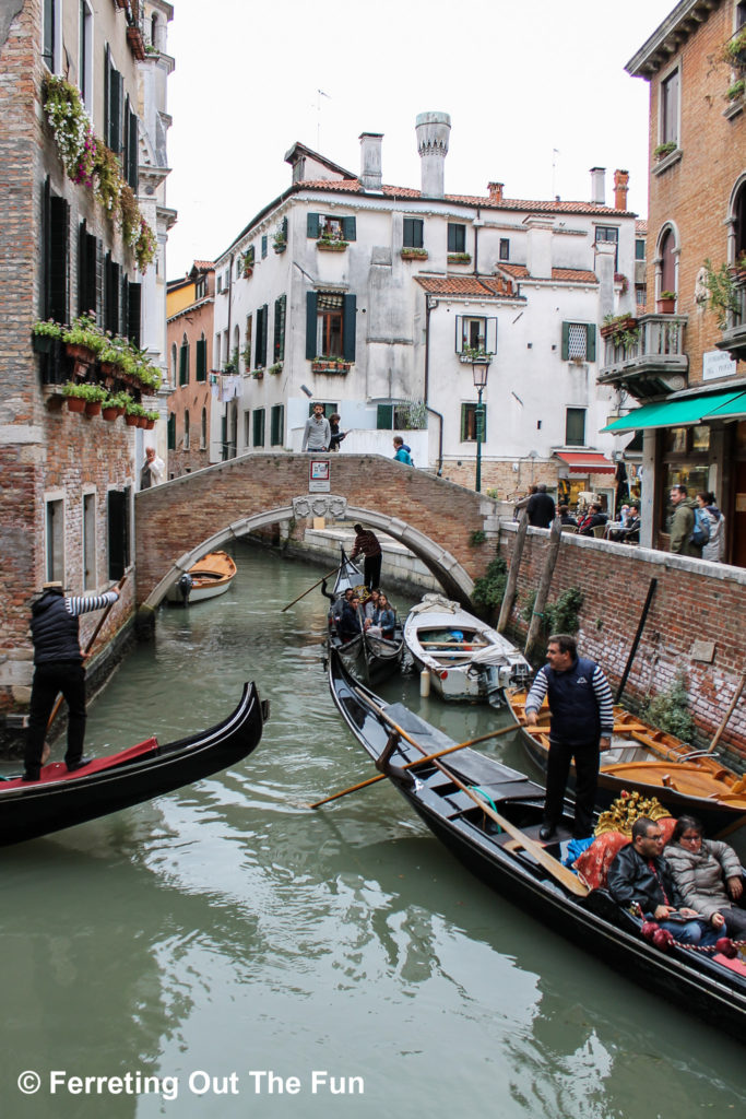 A gondola traffic jam in the back canals of Venice