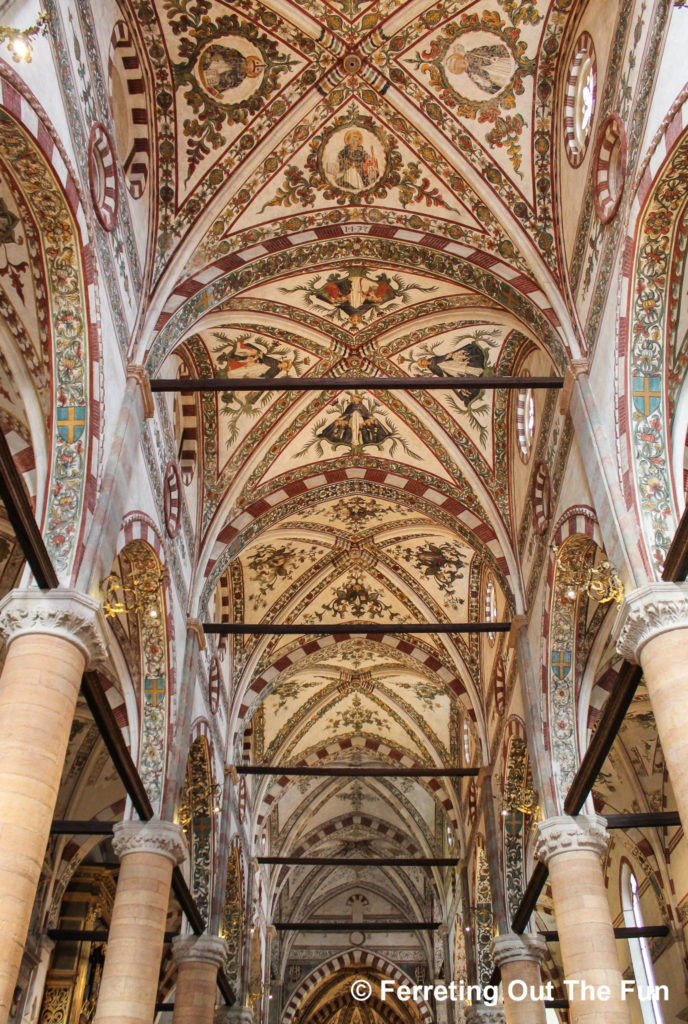 The beautifully painting ceiling of the Basilica di Sant'Anastasia in Verona, Italy