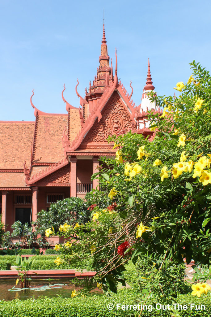 Tropical flowers bloom in a garden of the Cambodian National Museum in Phnom Penh