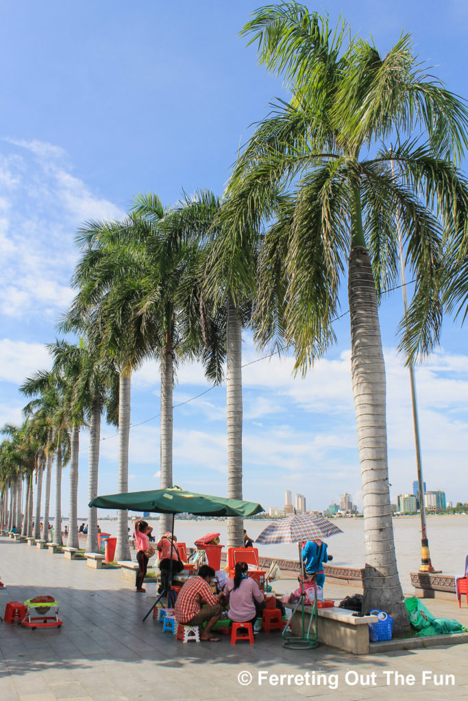 An avenue of palm trees lines a riverside park in Phnom Penh, Cambodia