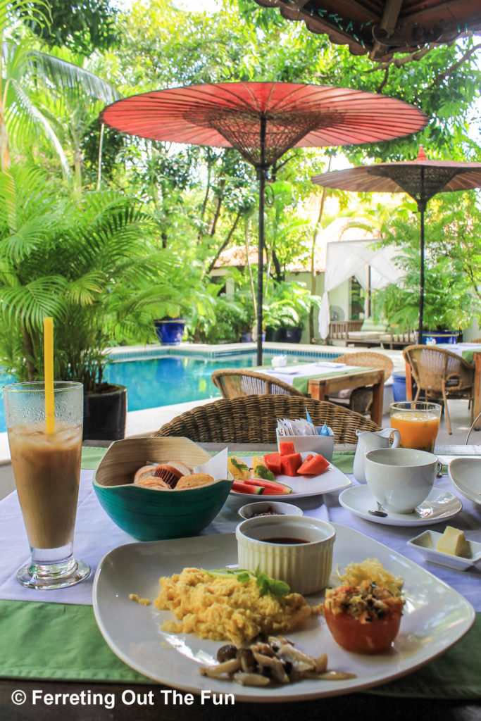 Breakfast by the gorgeous pool of the Pavilion Hotel in Phnom Penh, Cambodia