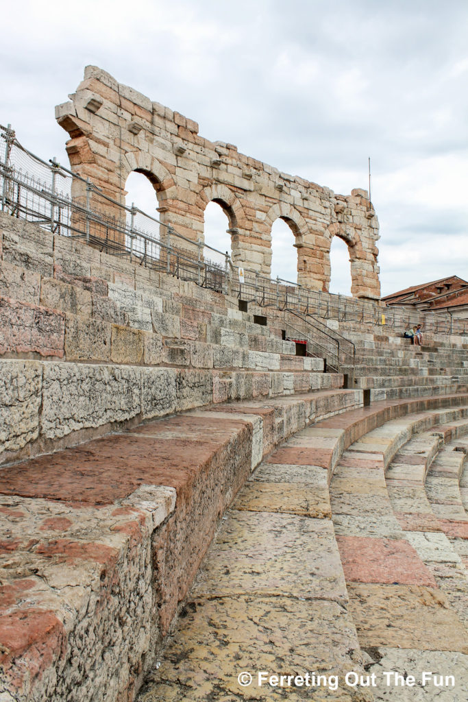 Marble stadium seats inside the 2,000-year-old Verona Arena. Ancient Romans used to sit here for gladiator matches; now the Veronese listen to opera.