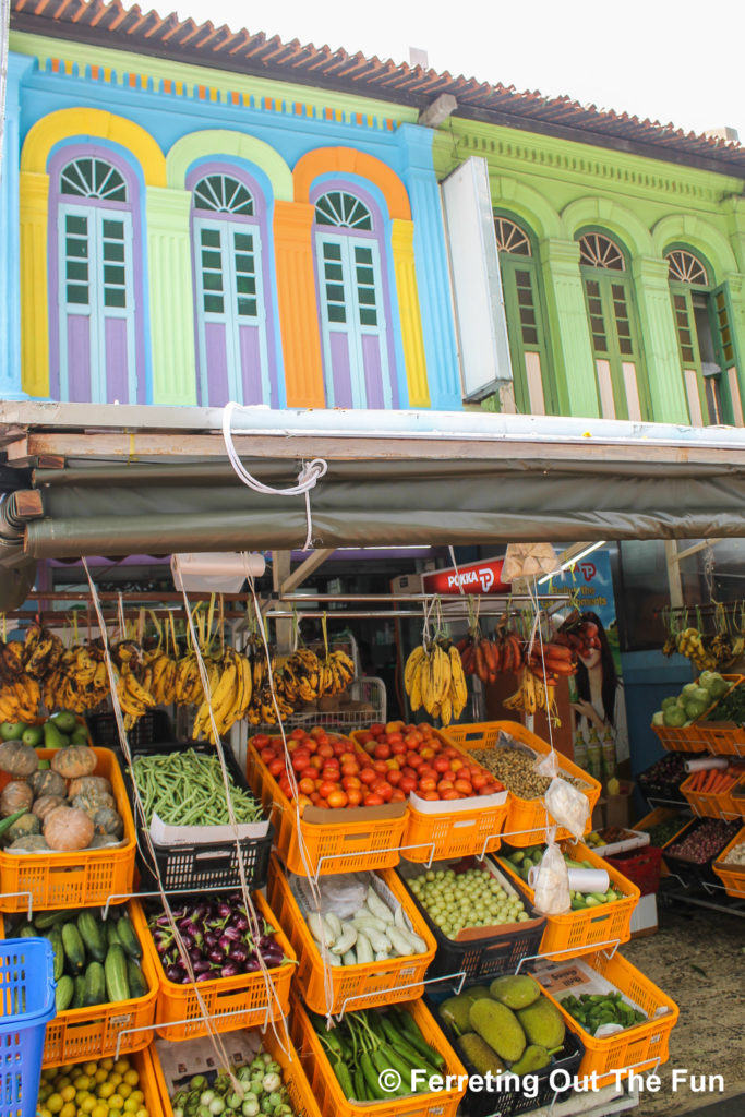 Colorful shophouses and produce markets in Little India, Singapore