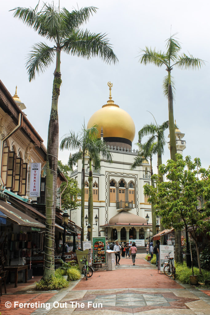 An avenue of palm trees leads to Sultan Mosque, the top attraction in the Kampong Glam district of Singapore