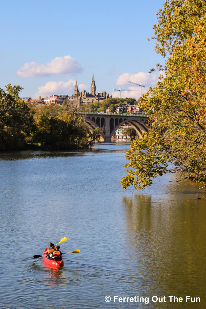 Kayaking on the Potomac River towards Georgetown in Washington DC on a gorgeous fall day