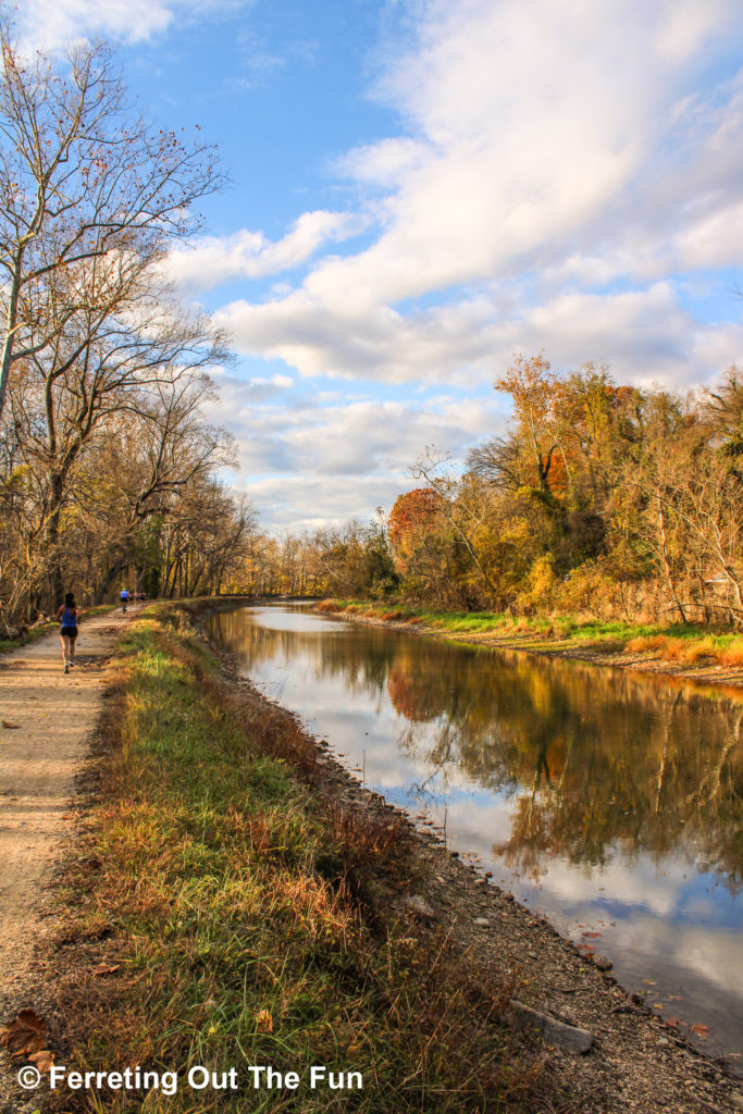 An autumn run on the towpath of the C&O Canal, a National Historic Park in Washington DC 
