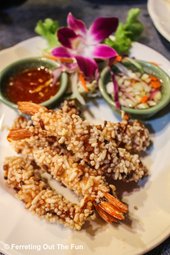 Delectable fried shrimp coated in puffed rice at one of the best restaurants in Chiang Mai, Thailand