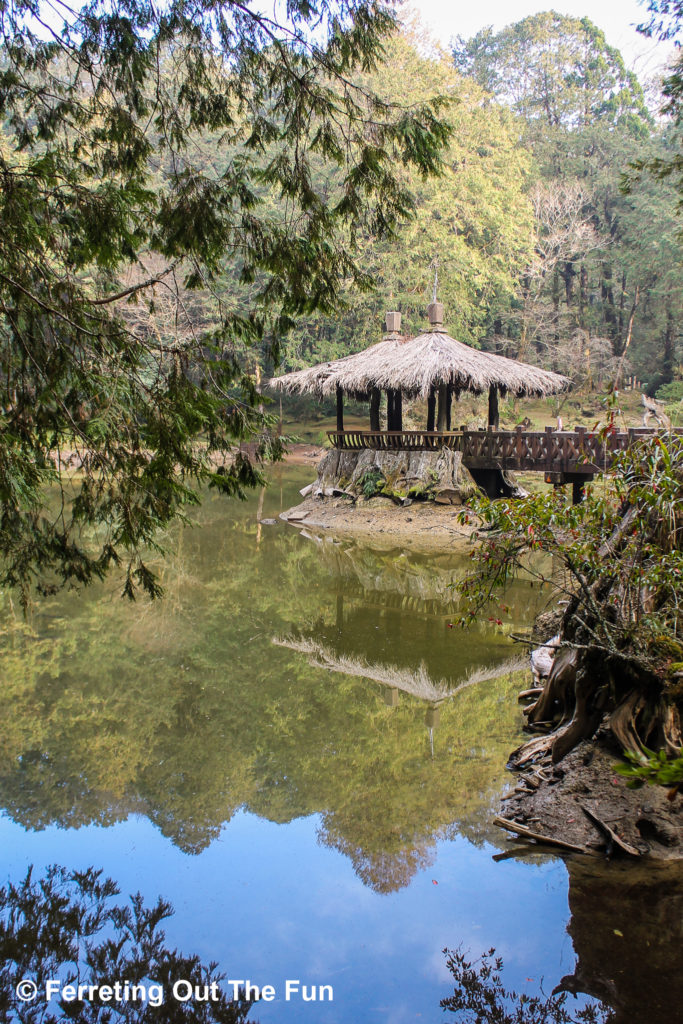 Reflections on the water of Two Sisters Pond, a popular hiking destination in Alishan, Taiwan.