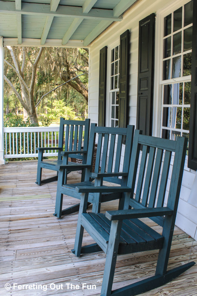 Rocking chairs on the front porch of Hopsewee Plantation in Georgetown, SC