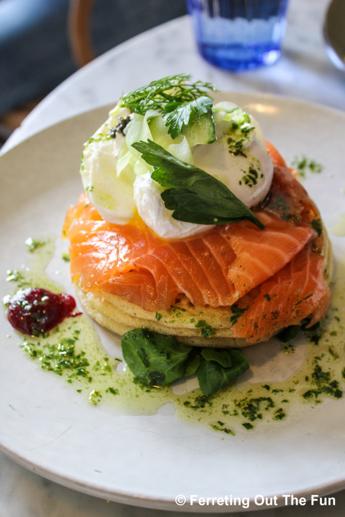 Buckwheat pancakes with smoked salmon, poached eggs, and caviar at the Hardware Societe Paris.