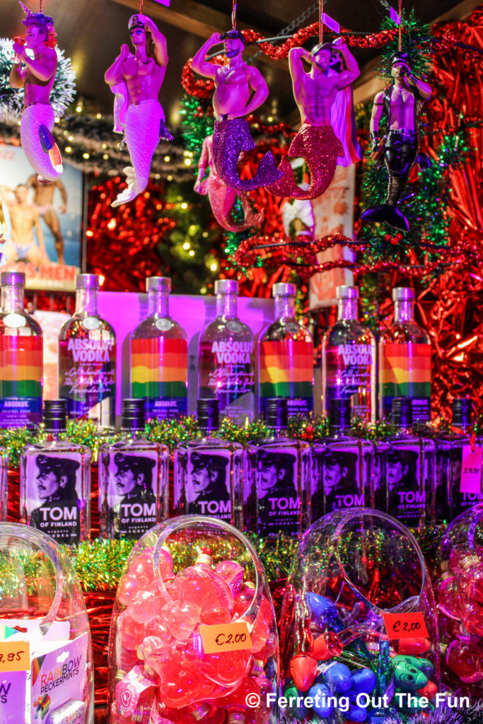 Merman ornaments and rainbow vodka at Heavenue, the Gay Christmas Market of Cologne, Germany