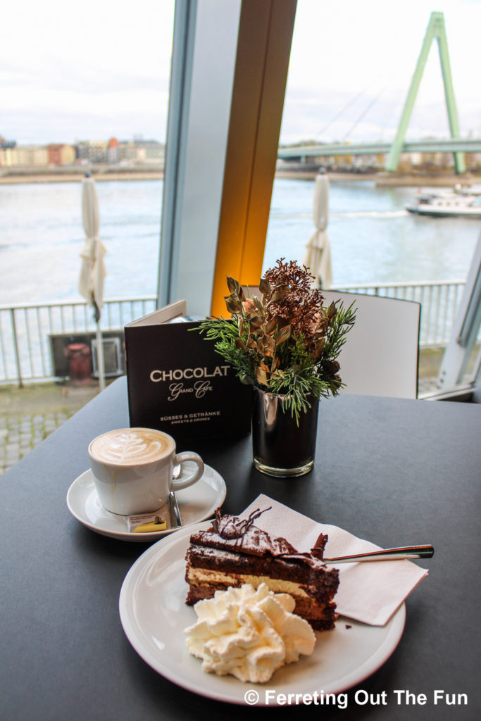 Enjoying Black Forest cake and cappuccino at the Cologne Chocolate Museum cafe